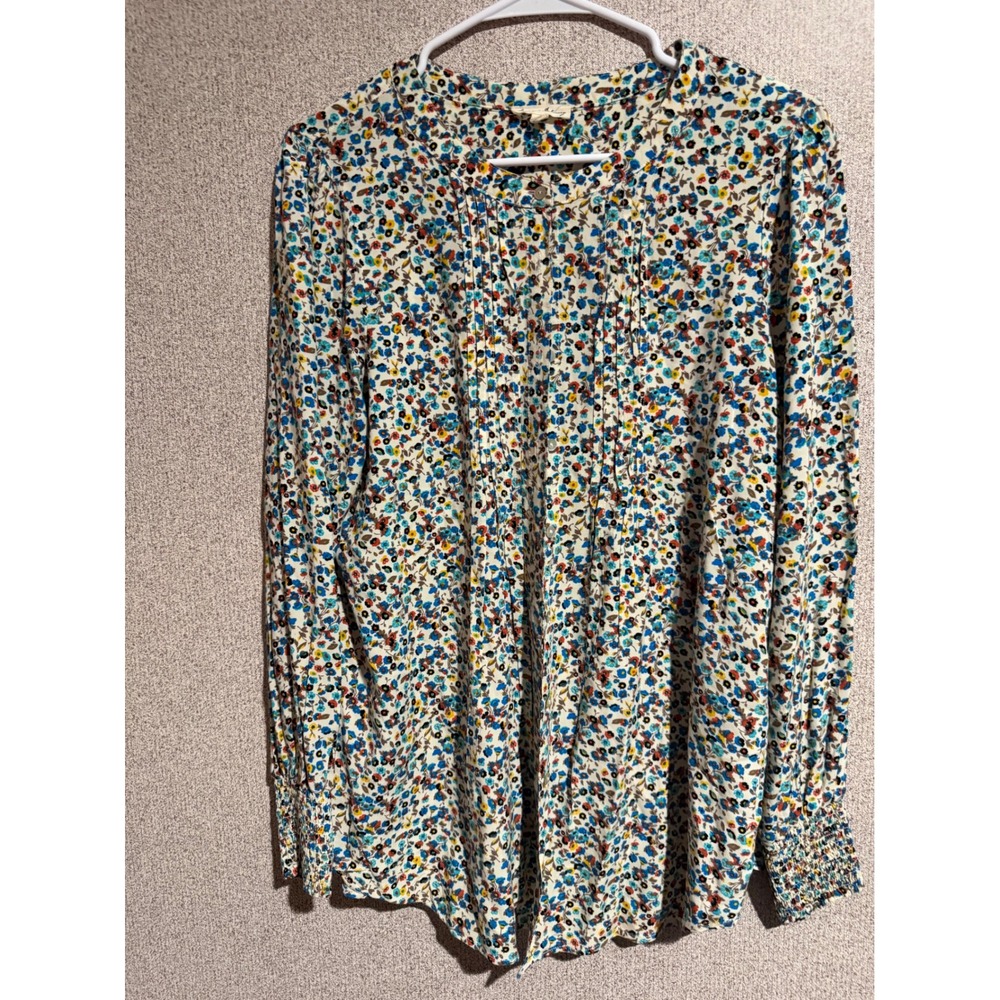 Jane and Delancey XL Floral Pintuck Blouse Long Sleeve Smocked Cuff Rayon Top
